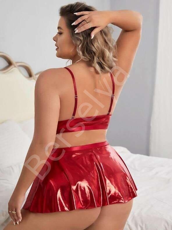 Büyük Beden Kırmızı Deri Etekli Fantezi Kostüm