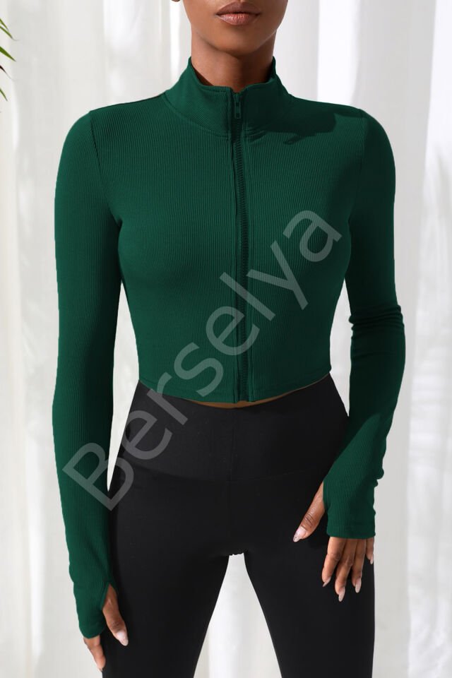Kadın Yeşil Uzun Kol Fermuarlı Parmak Geçme Detaylı Dik Yaka Crop Top Bluz