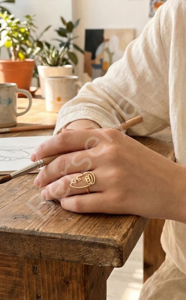 Pirinç Gold Renk Picasso Tarzı Tek Çizgi Yüz Model Kadın Yüzük