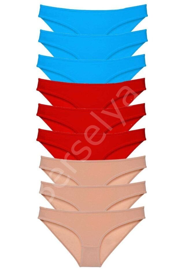 9 adet Süper Eko Set Likralı Kadın Slip Külot Kırmızı Ten Mavi