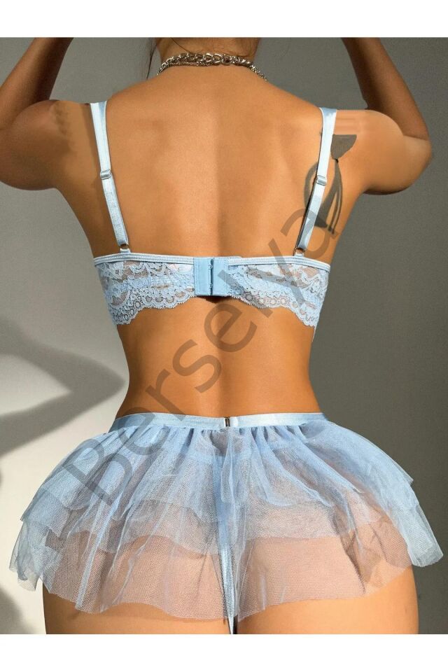 Bebe Mavi Bel Tüllü Kadın Seksi Fantazi Jartiyer Takım 2087