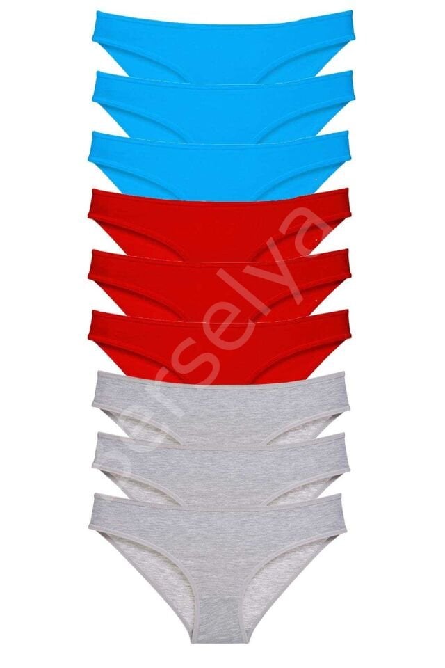 9 adet Süper Eko Set Likralı Kadın Slip Külot Kırmızı Gri Mavi