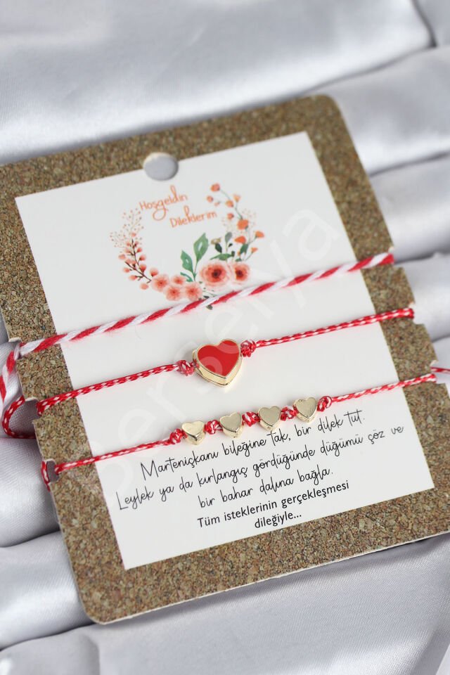 Marteniçka Bileklik 3'lü Kırmızı Mineli Kalp Model