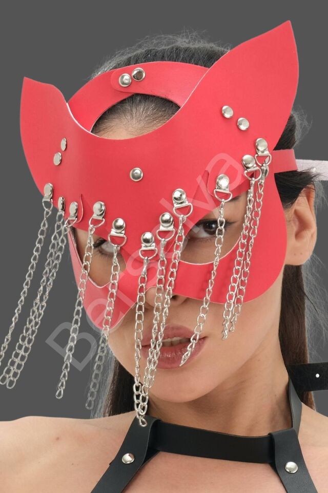 Kırmızı Zincirli Deri Harness Maske 800153