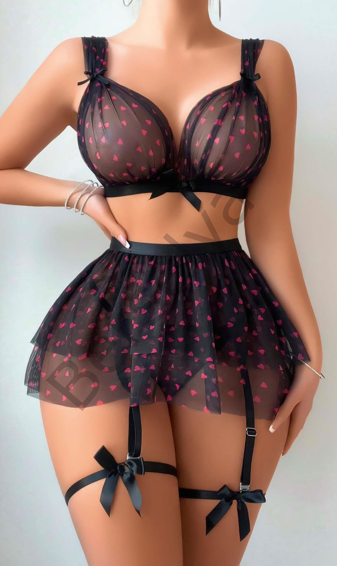 Siyah Fantezi Kostüm Takımı Kırmızı Kalpli 3829