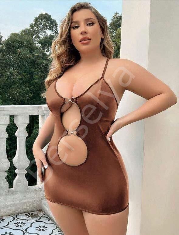 Büyük Beden Kahverengi Deri Metal Aksesuarlı Fantezi Elbise