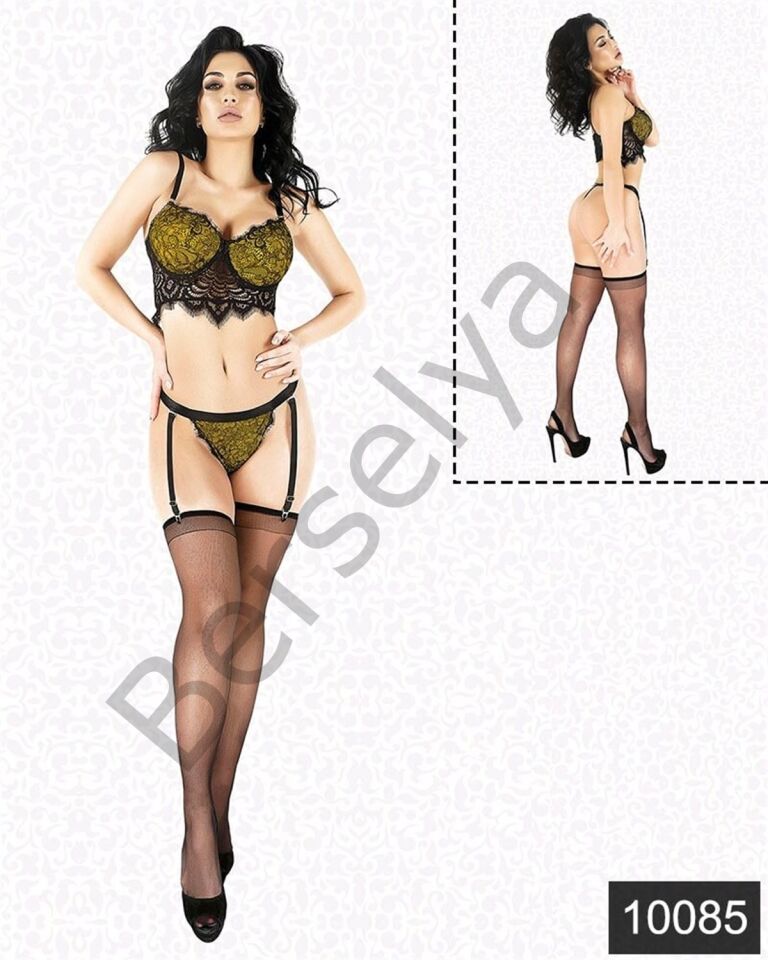 Fantazi Sarı Lamine Dantel Jartiyer Büstiyer Takım