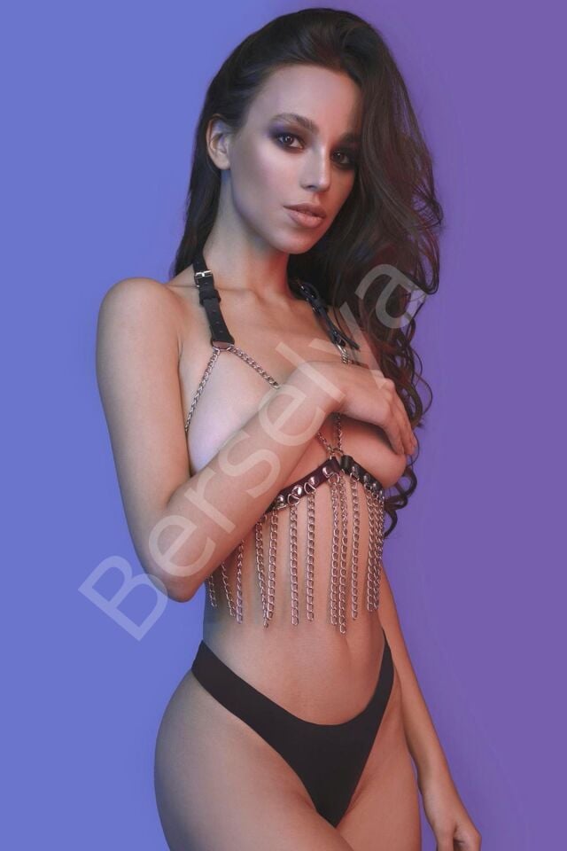 Pamuktenim Kadın Siyah Deri Zincirli Harness Sütyen 2139