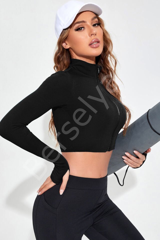 Kadın Siyah Uzun Kol Fermuarlı Parmak Geçme Detaylı Dik Yaka Crop Top Bluz