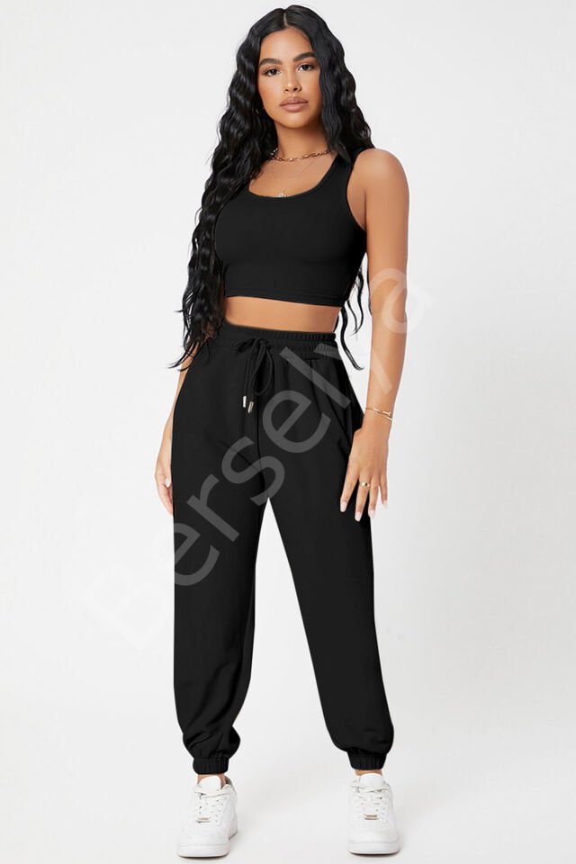 Kadın Siyah Kaşkorse Cepli Jogger Eşofman Altı Ve Crop Top Bluz