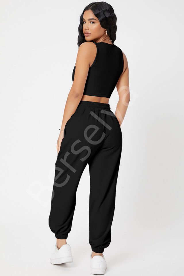 Kadın Siyah Kaşkorse Cepli Jogger Eşofman Altı Ve Crop Top Bluz