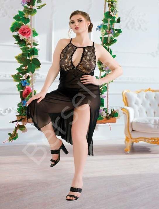 Büyük Beden Siyah Tül Fantezi Uzun Yırtmaçlı Gecelik