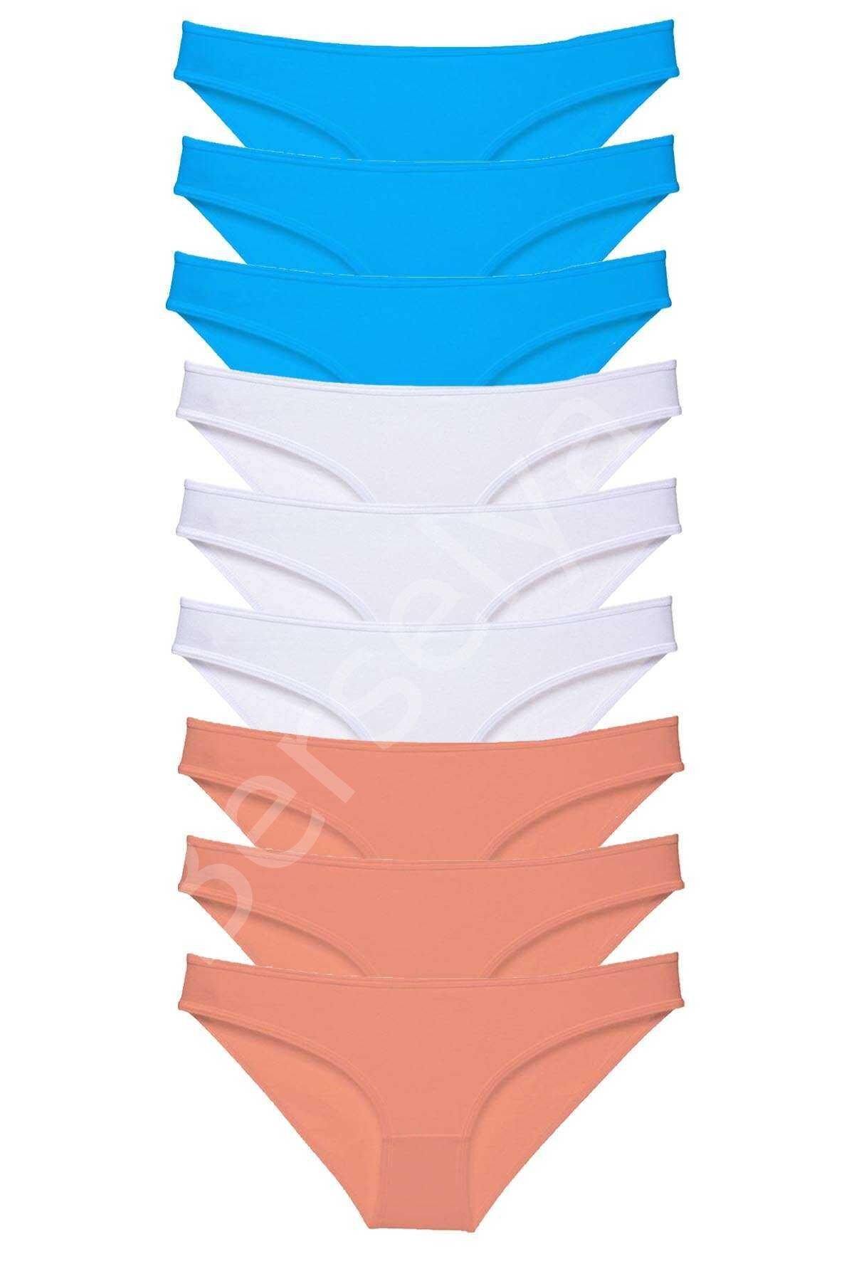9 adet Süper Eko Set Likralı Kadın Slip Külot Pudra Beyaz Mavi