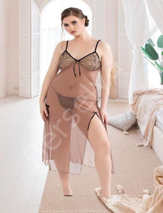Büyük Beden Kahverengi Tül Fantezi Uzun Yırtmaçlı Gecelik
