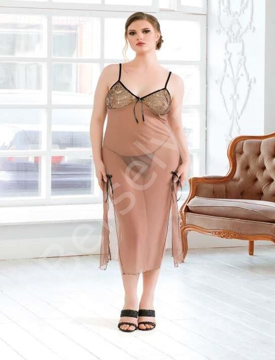 Büyük Beden Kahverengi Tül Fantezi Uzun Yırtmaçlı Gecelik