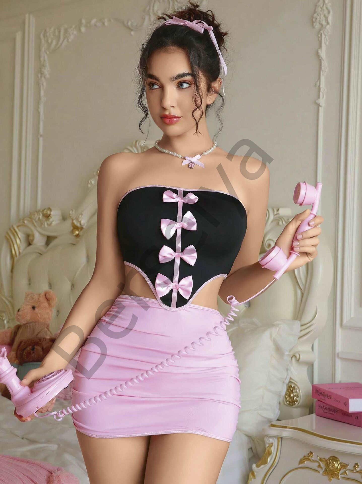 Kadın Pembe Etekli Fiyonk Detaylı Sexy Kostüm 8010