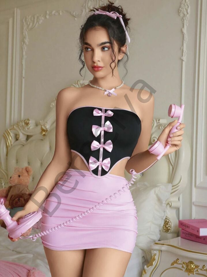 Kadın Pembe Etekli Fiyonk Detaylı Sexy Kostüm 8010