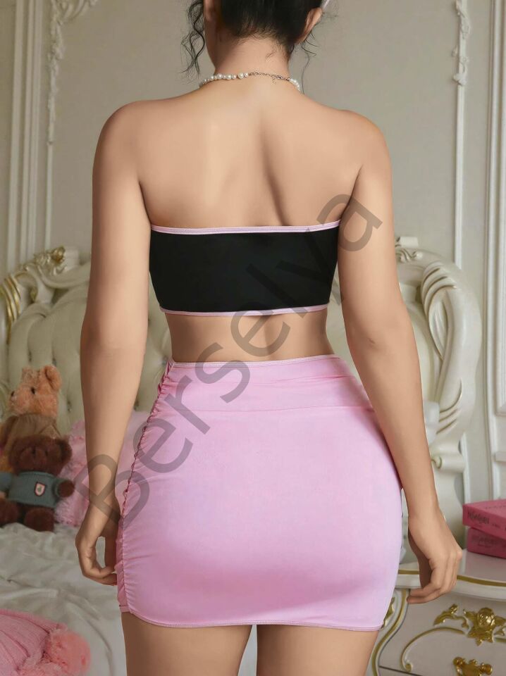 Kadın Pembe Etekli Fiyonk Detaylı Sexy Kostüm 8010