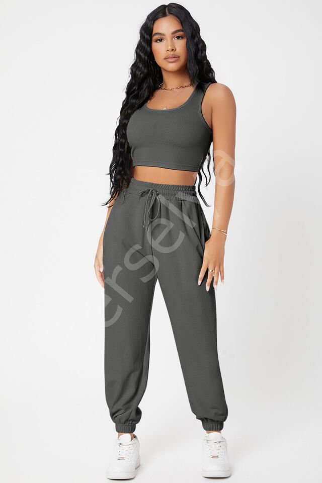 Kadın Antrasit Gri Kaşkorse Cepli Jogger Eşofman Altı Ve Crop Top Bluz