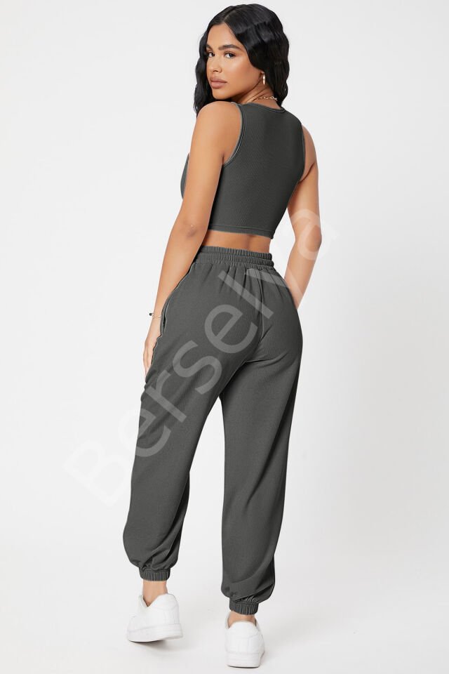 Kadın Antrasit Gri Kaşkorse Cepli Jogger Eşofman Altı Ve Crop Top Bluz