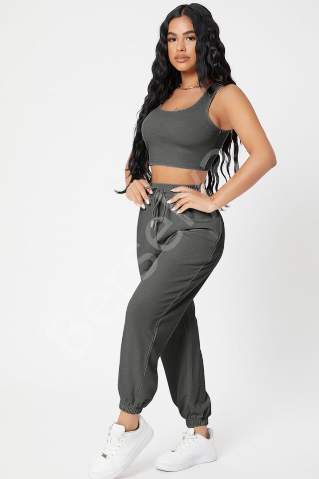 Kadın Antrasit Gri Kaşkorse Cepli Jogger Eşofman Altı Ve Crop Top Bluz