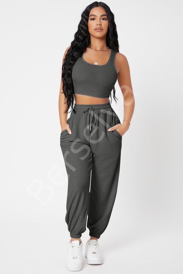 Kadın Antrasit Gri Kaşkorse Cepli Jogger Eşofman Altı Ve Crop Top Bluz