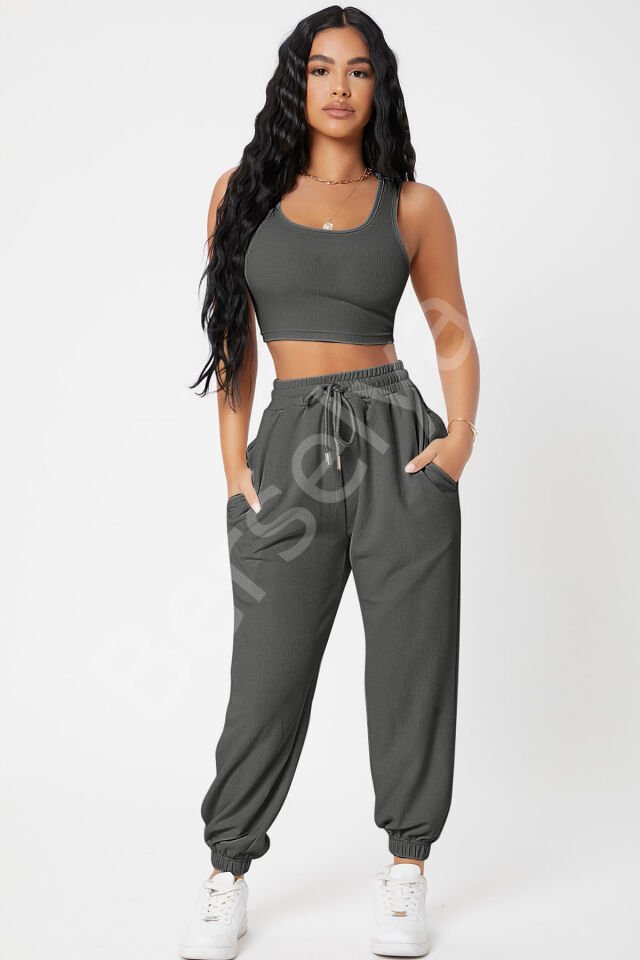 Kadın Antrasit Gri Kaşkorse Cepli Jogger Eşofman Altı Ve Crop Top Bluz