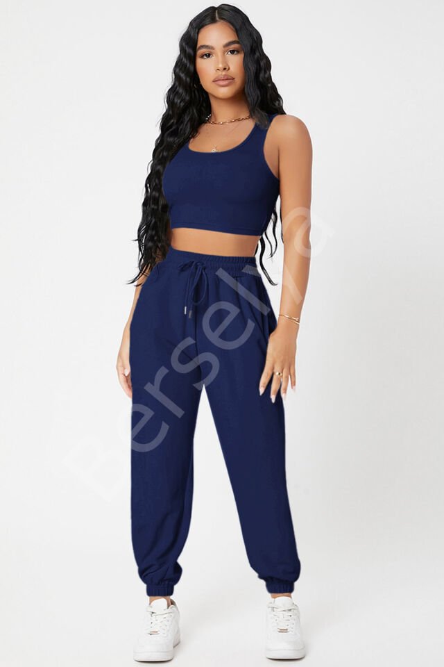 Kadın Lacivert Kaşkorse Cepli Jogger Eşofman Altı Ve Crop Top Bluz