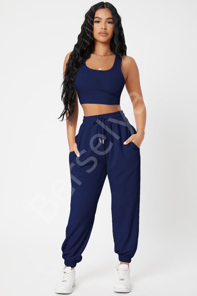 Kadın Lacivert Kaşkorse Cepli Jogger Eşofman Altı Ve Crop Top Bluz