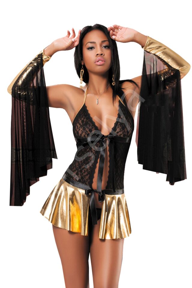 Siyah Deri ( Lame ) Dantelli Gecelik - 451