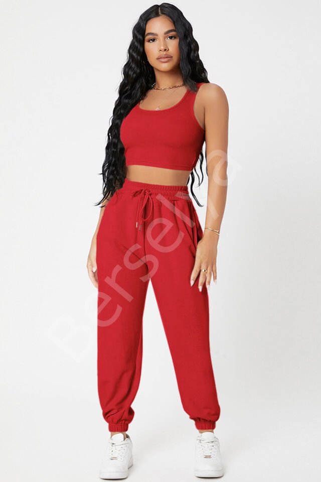 Kadın Kırmızı Kaşkorse Cepli Jogger Eşofman Altı Ve Crop Top Bluz