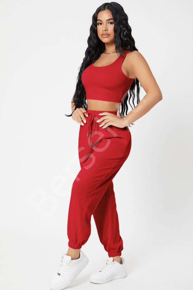 Kadın Kırmızı Kaşkorse Cepli Jogger Eşofman Altı Ve Crop Top Bluz