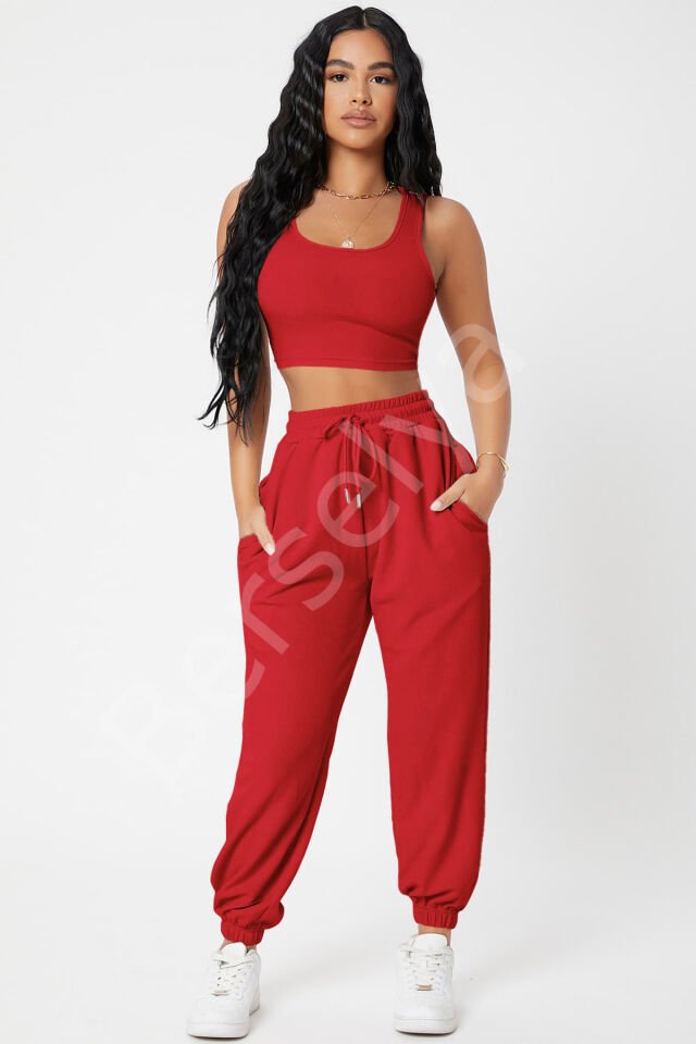 Kadın Kırmızı Kaşkorse Cepli Jogger Eşofman Altı Ve Crop Top Bluz