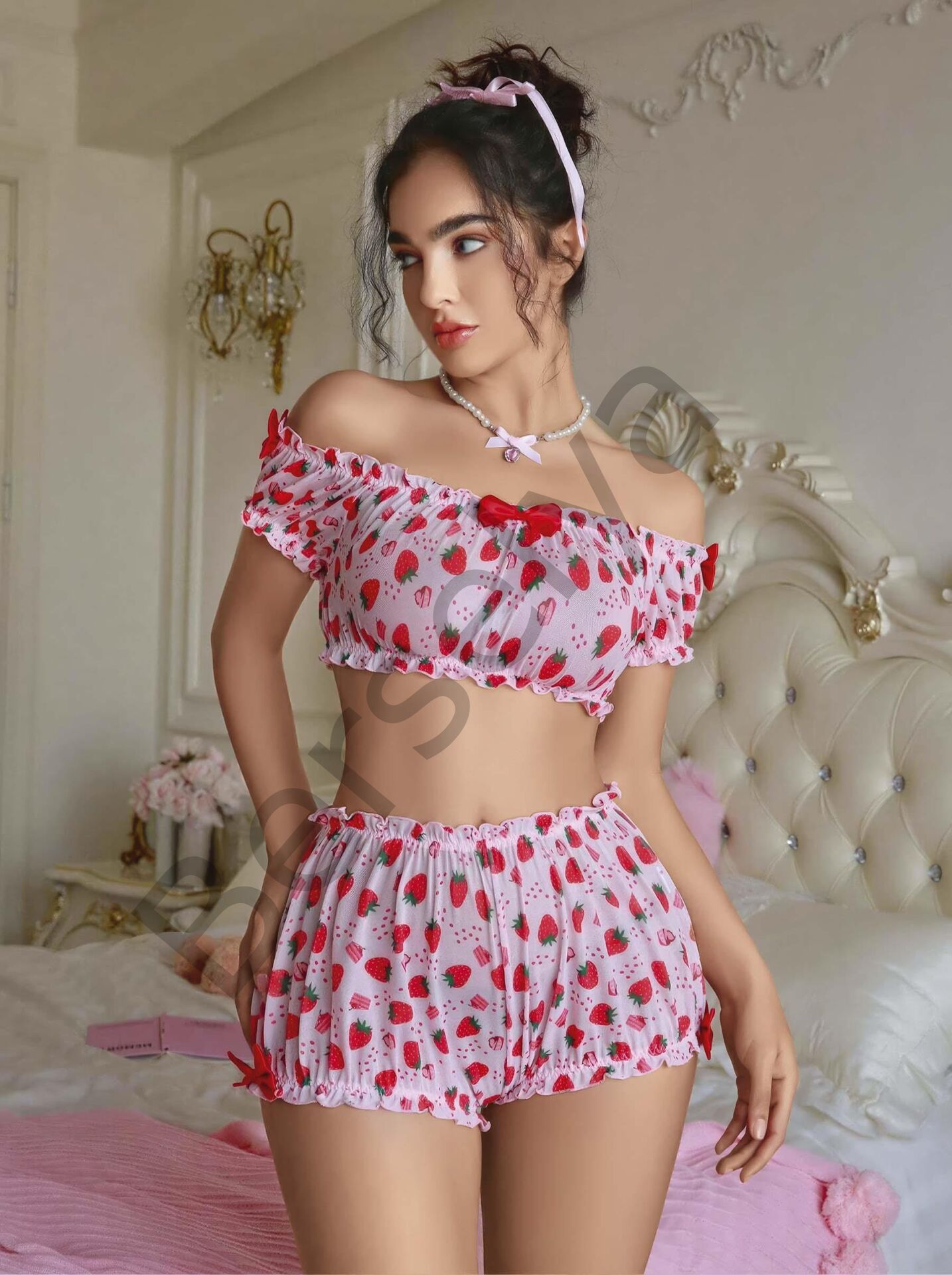 Kadın Pembe Çilek Desenli Sexy Kostüm 8014