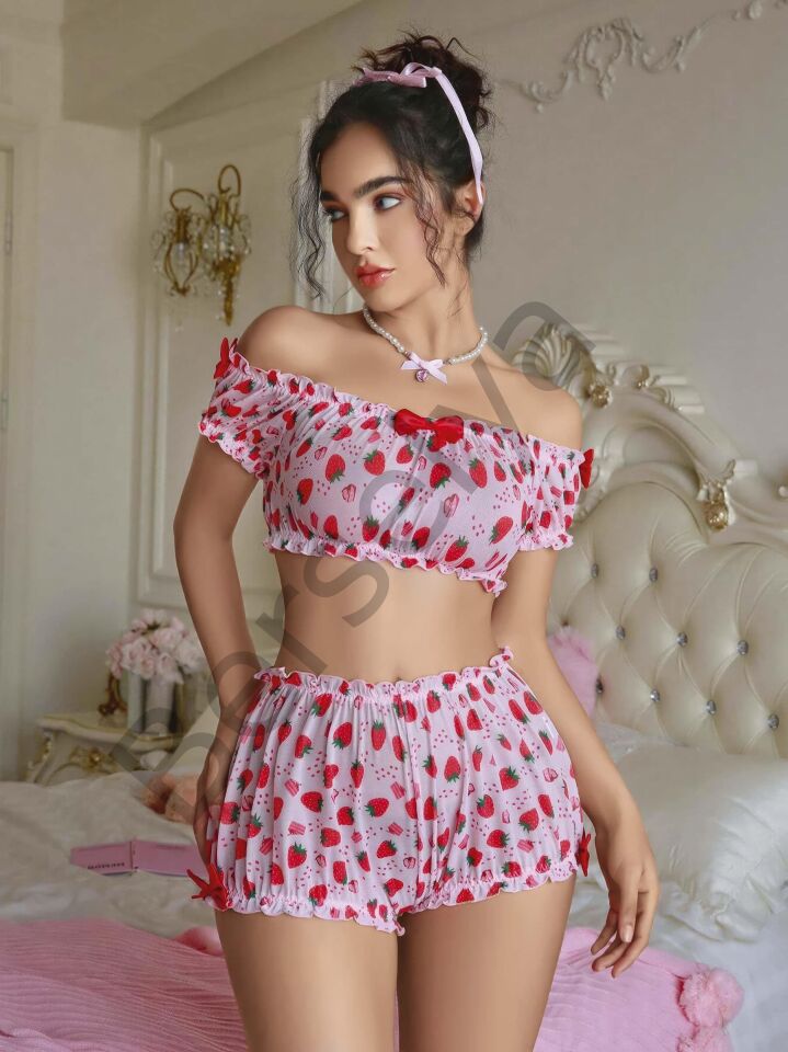 Kadın Pembe Çilek Desenli Sexy Kostüm 8014