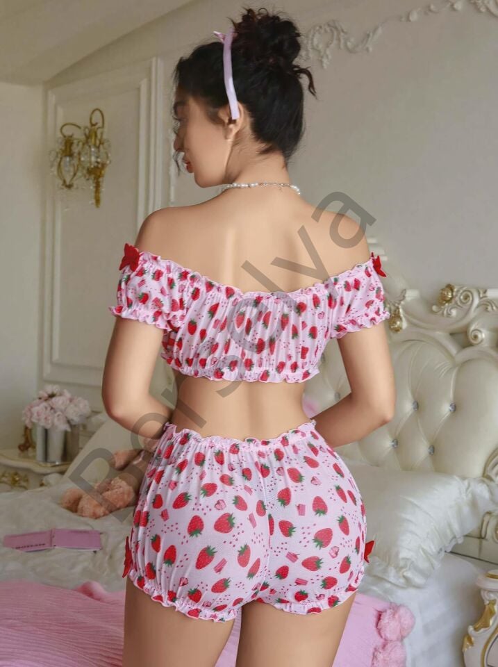 Kadın Pembe Çilek Desenli Sexy Kostüm 8014