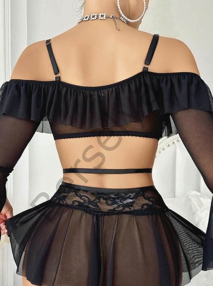 Kadın Siyah Etek Bustiyer Sexy Gecelik Takım 3831