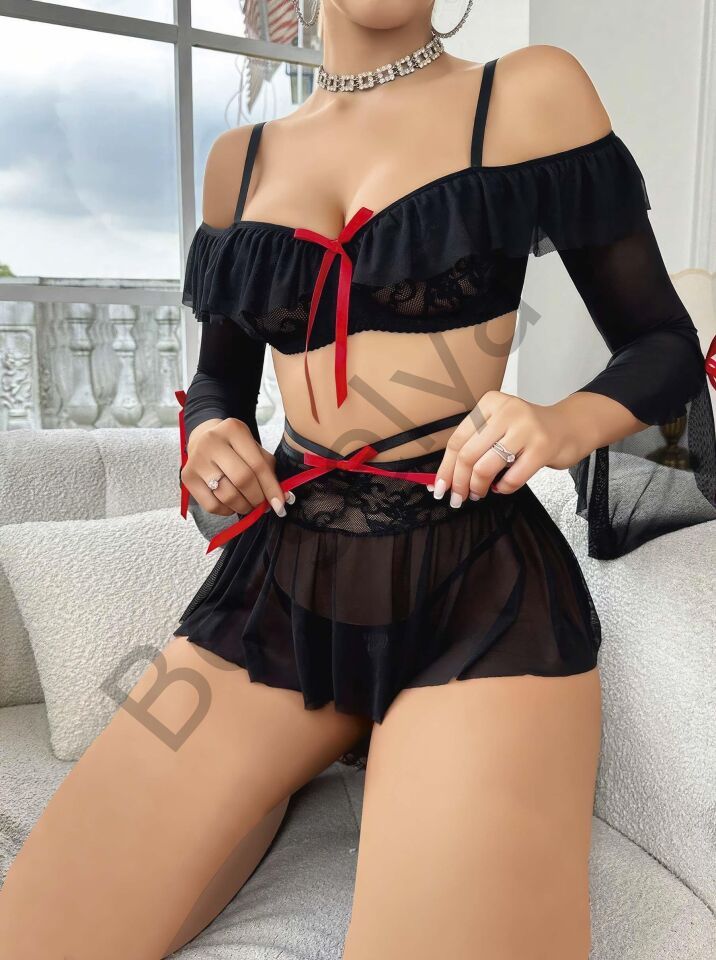 Kadın Siyah Etek Bustiyer Sexy Gecelik Takım 3831