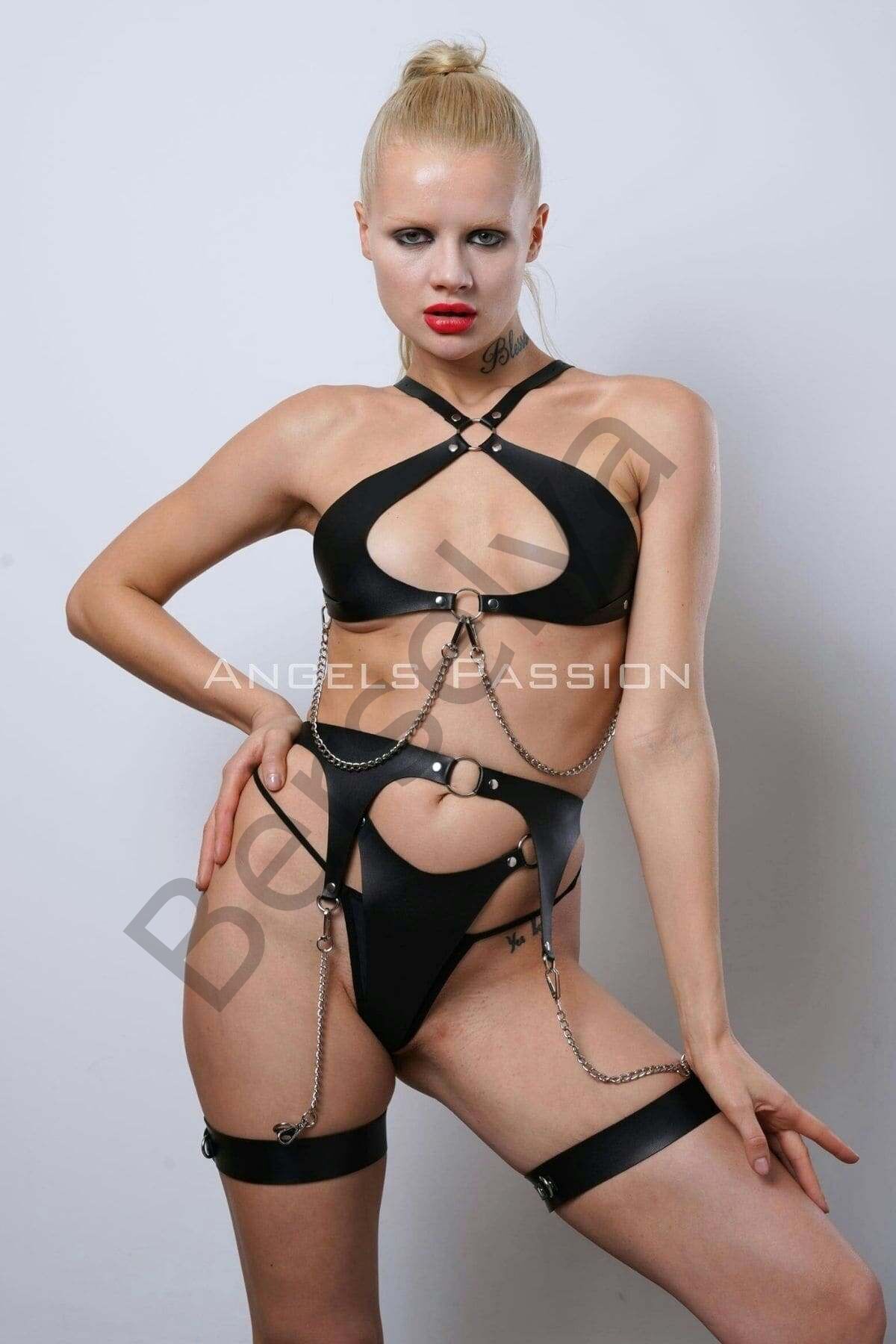 Deri Fantezi İç Giyim Takım, Şık Deri Harness Set, Club Wear - Apft1330