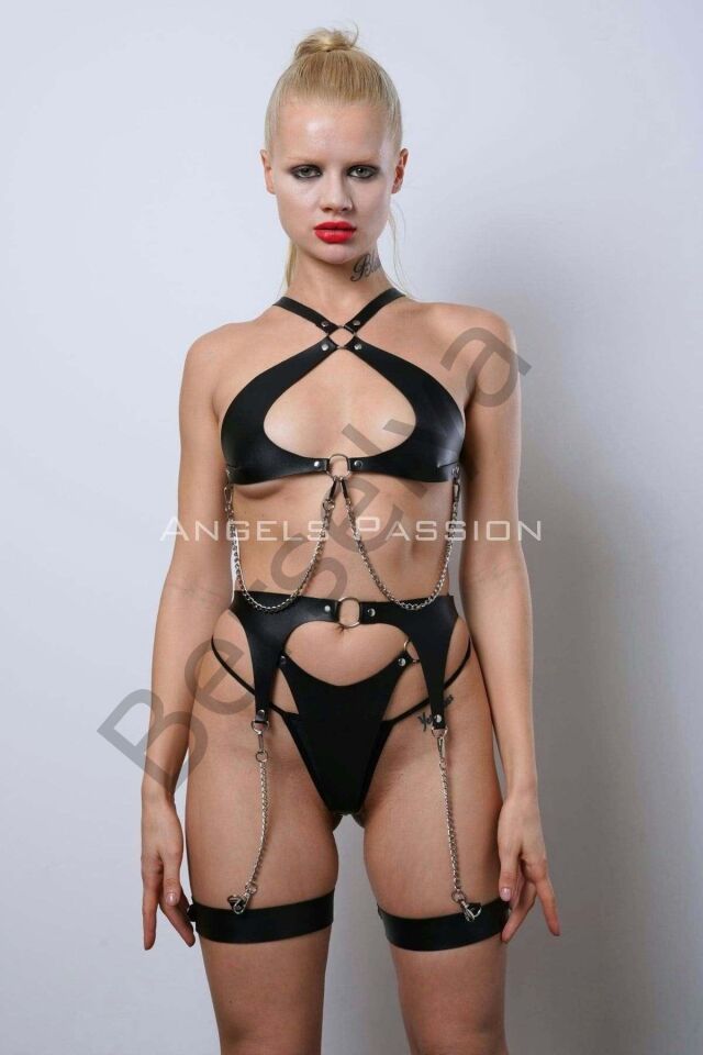 Deri Fantezi İç Giyim Takım, Şık Deri Harness Set, Club Wear - Apft1330