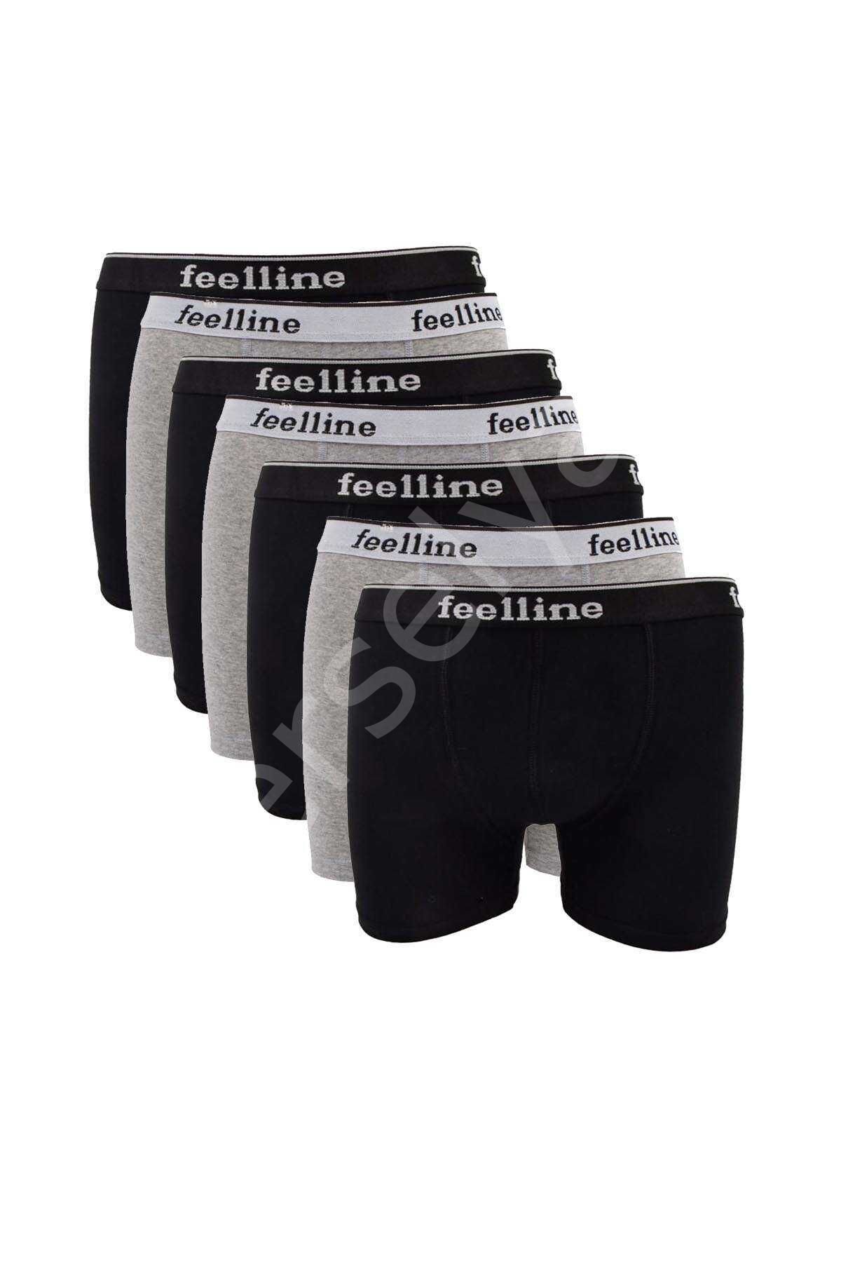 7 adet Feelline Siyah ve Gri Pamuklu Doğal Likralı Erkek Boxer XXL