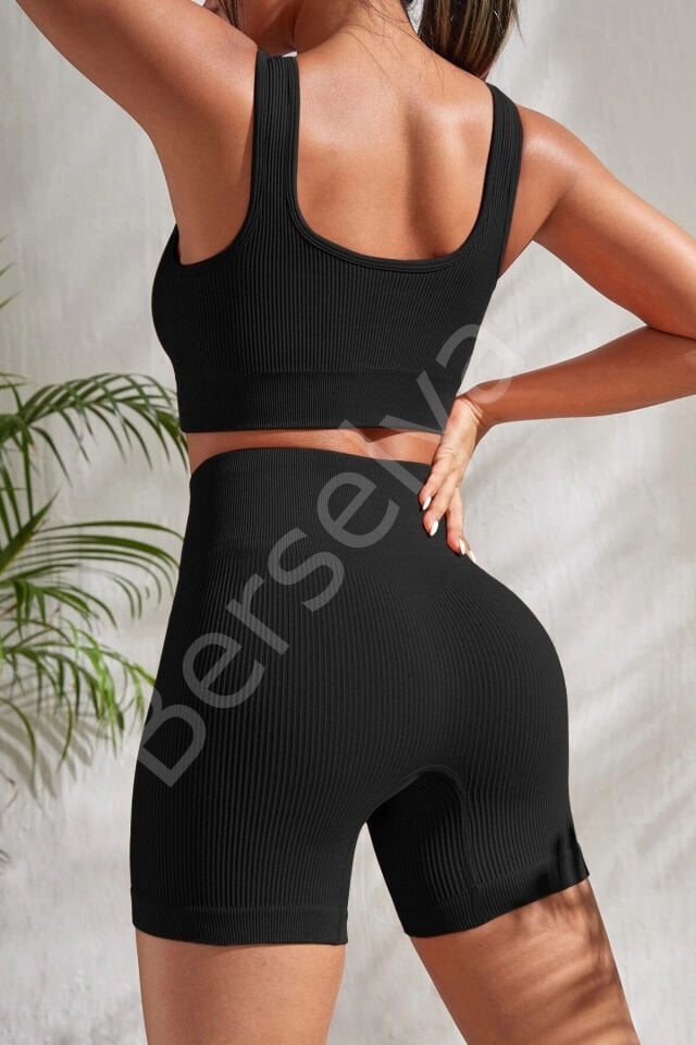 Kadın Siyah Kalın Askılı Yüksek Bel Şortlu Gecelik Takımı