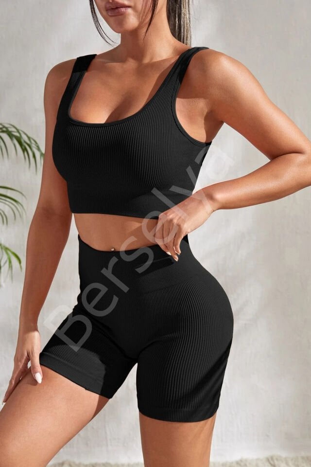 Kadın Siyah Kalın Askılı Yüksek Bel Şortlu Gecelik Takımı