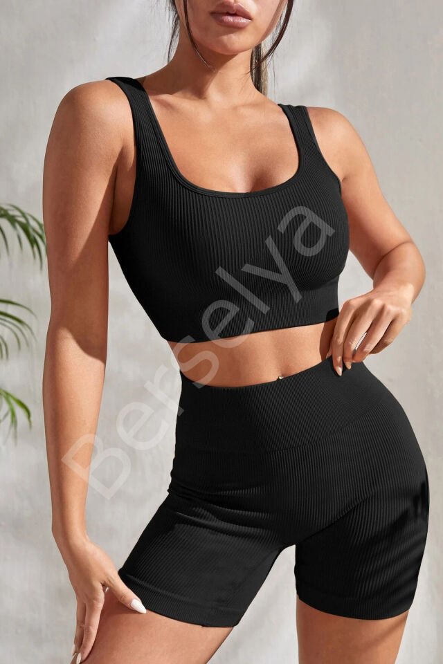 Kadın Siyah Kalın Askılı Yüksek Bel Şortlu Gecelik Takımı