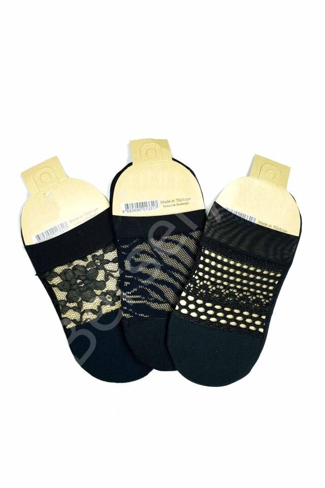 3 Adet Önü Transparan Kadın Fantezi Desenli Babet Çorap