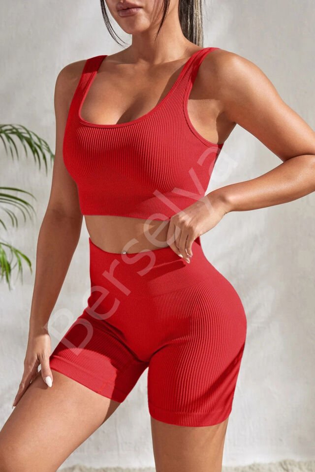 Kadın Kırmızı Kalın Askılı Yüksek Bel Şortlu Gecelik Takımı