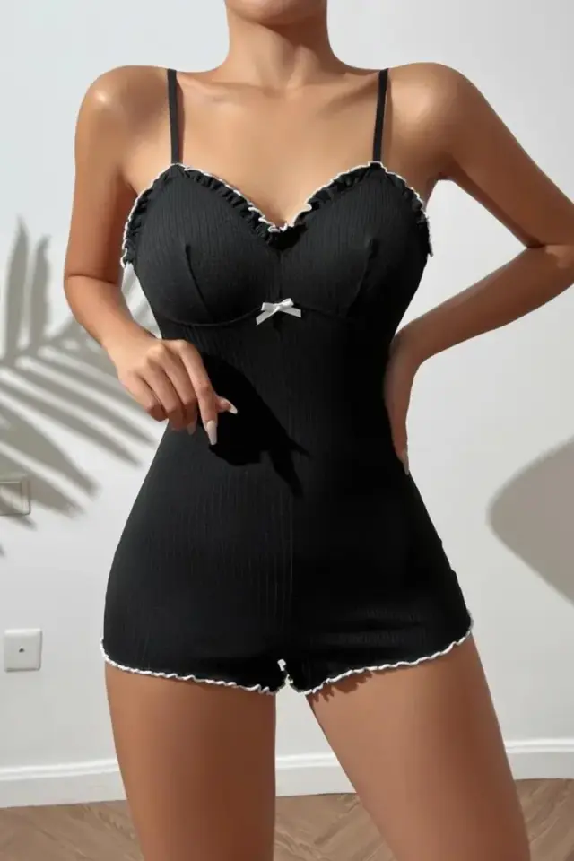 Siyah Dantel Metal Aksesuarlı Özel Tasarım Babydoll Pr66088