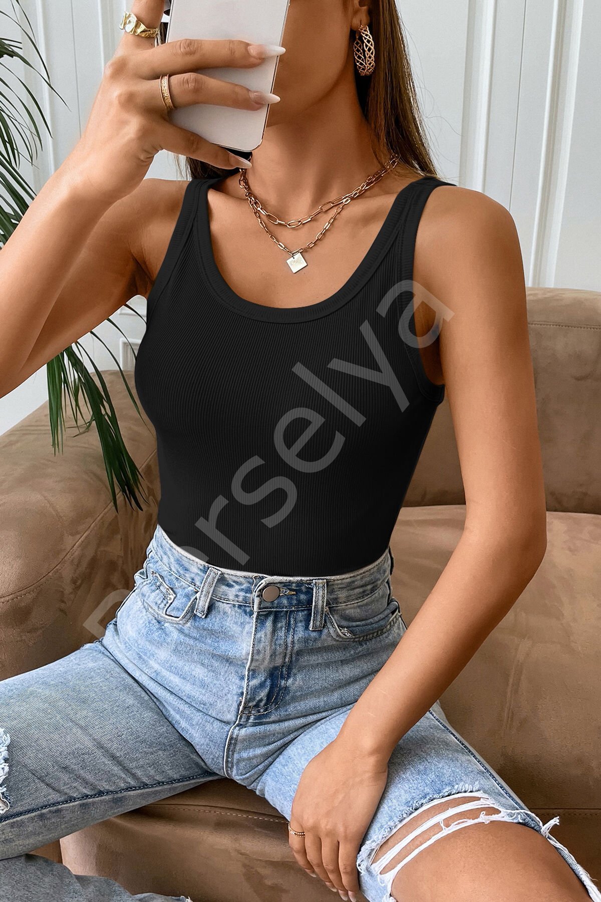 Kadın Siyah Kolsuz Kalın Askılı Uzun Crop Top Bluz & Atlet
