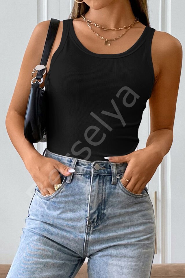 Kadın Siyah Kolsuz Kalın Askılı Uzun Crop Top Bluz & Atlet