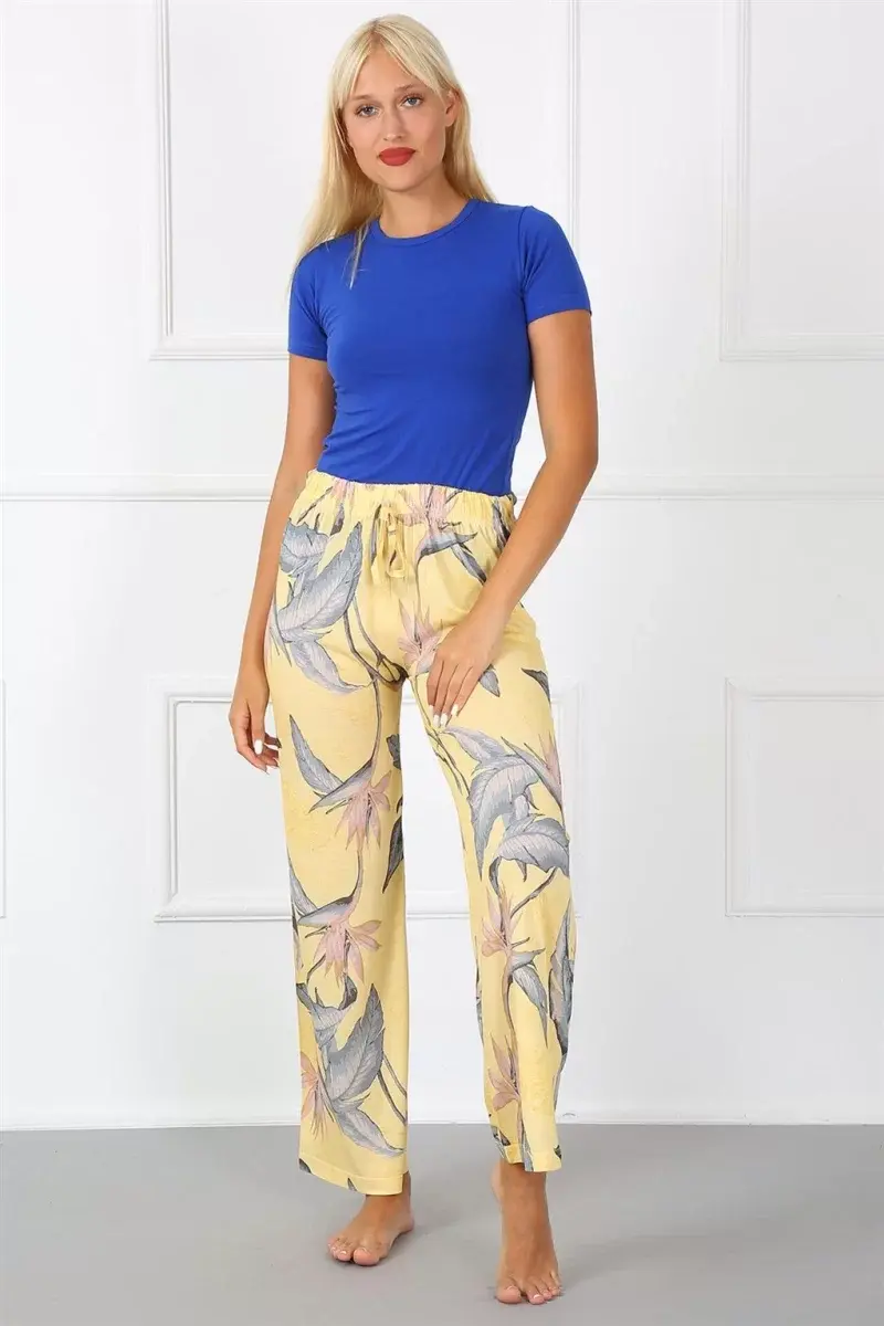 Bayan Penye Bol Paça Pantolon Sarı